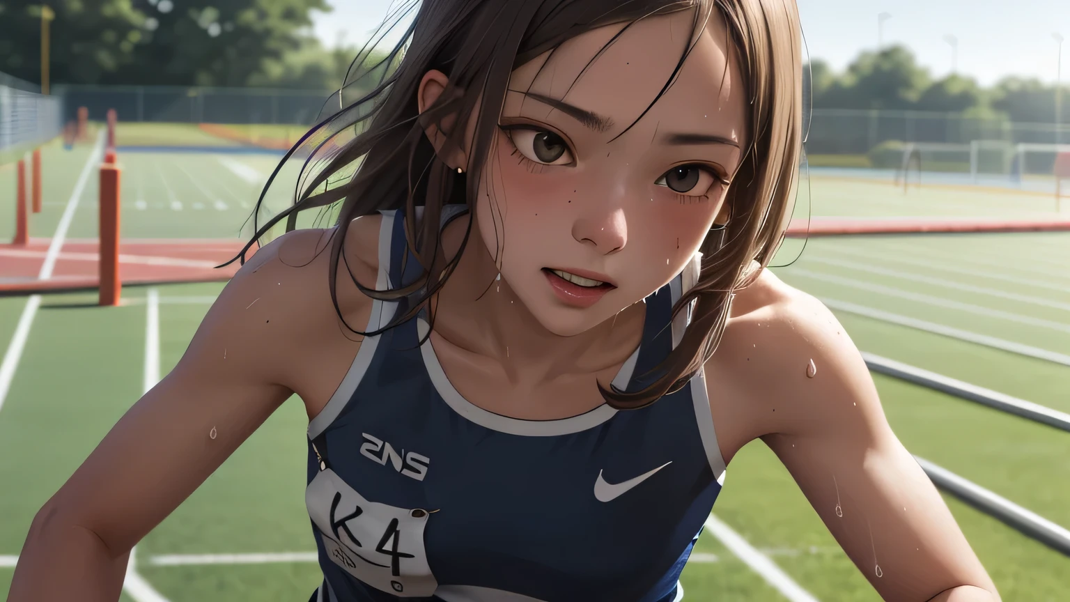 ((masterpiece)), (Highest quality), Highly detailed CG, unity 8k wallpaper, Super detailed, One person, Track and field athlete, School playground, Sweat, running, dash, Long Hair, Happy, Desperate look, Tired look