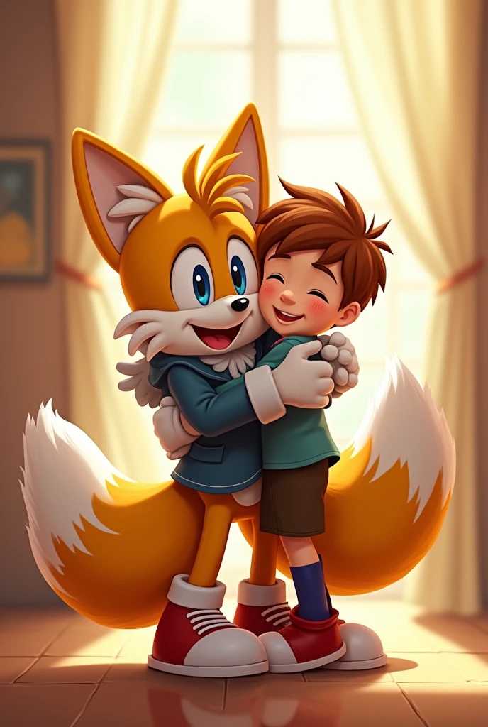 Tails happily hugging a boy with his shoes and gloves on smiling