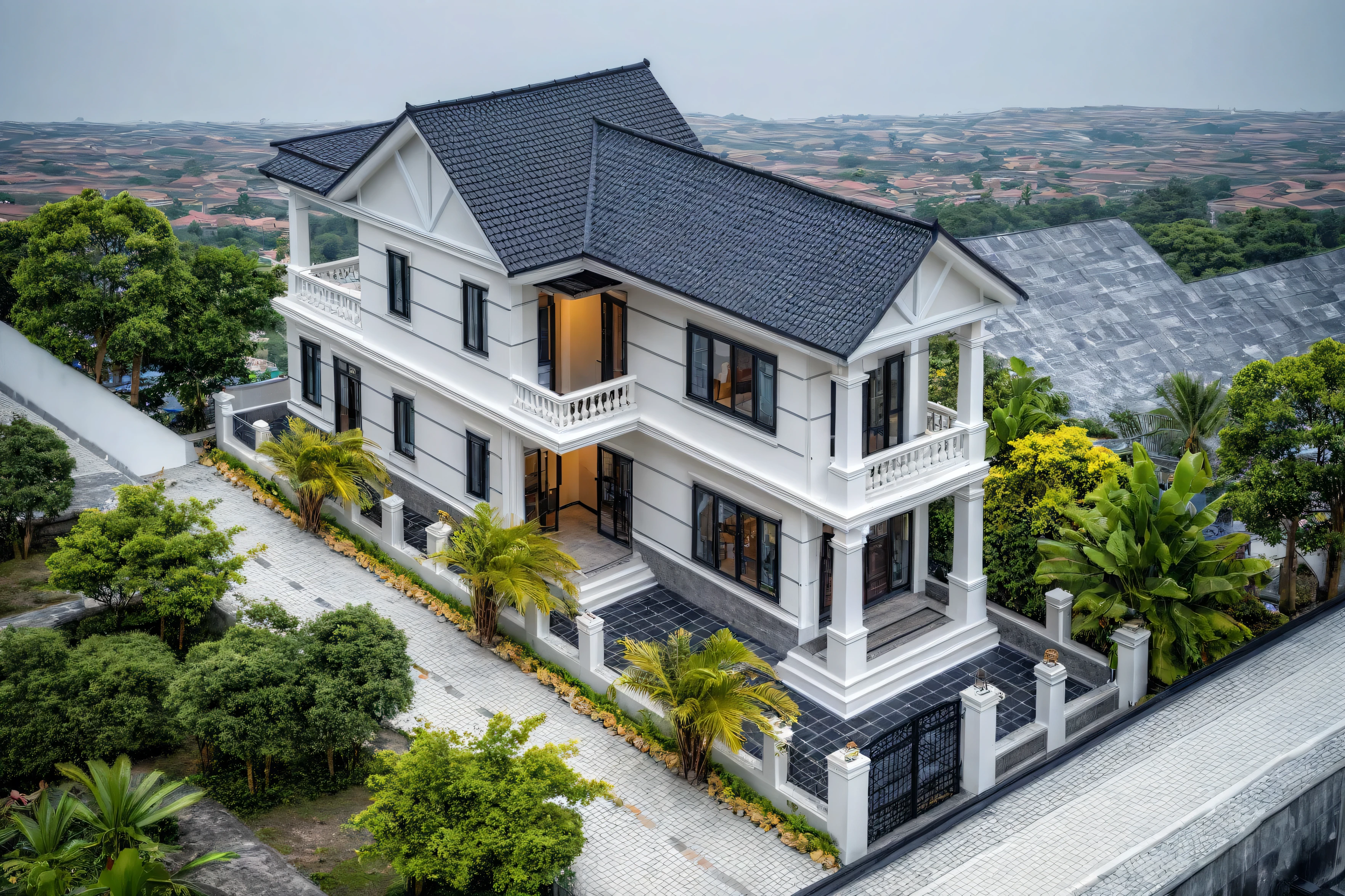 (bright image), A double story modern style house in the middle of Vietnam, (dark grnite tiled wall),(classic detail), simple and elegant architecture with white walls on top half and grey tiles roof, large windows with, entrance door is white with arched shape, bonsai trees, wide tile stone courtyard, professional photography, daylight, natural light, high resolution photography, (best quality, ultra realistic, masterpiece:1.15)