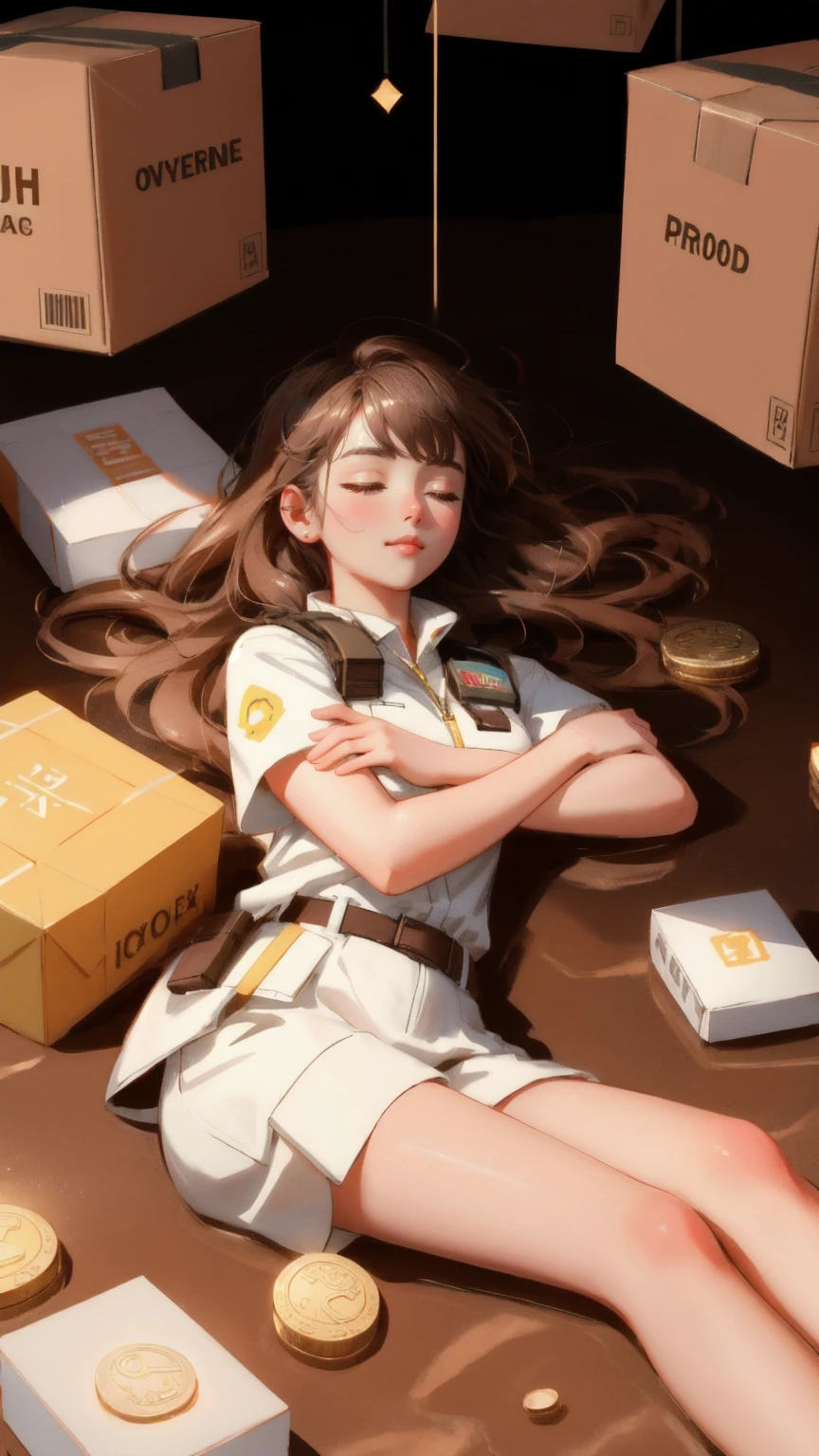 A beautiful girl lying on the ground, eyes closed in bliss, surrounded by floating airdrop boxes and glowing coins, capturing the essence of 'Airdrop Addiction.' The entire scene is set against a rich brown background, creating a warm and grounded atmosphere.