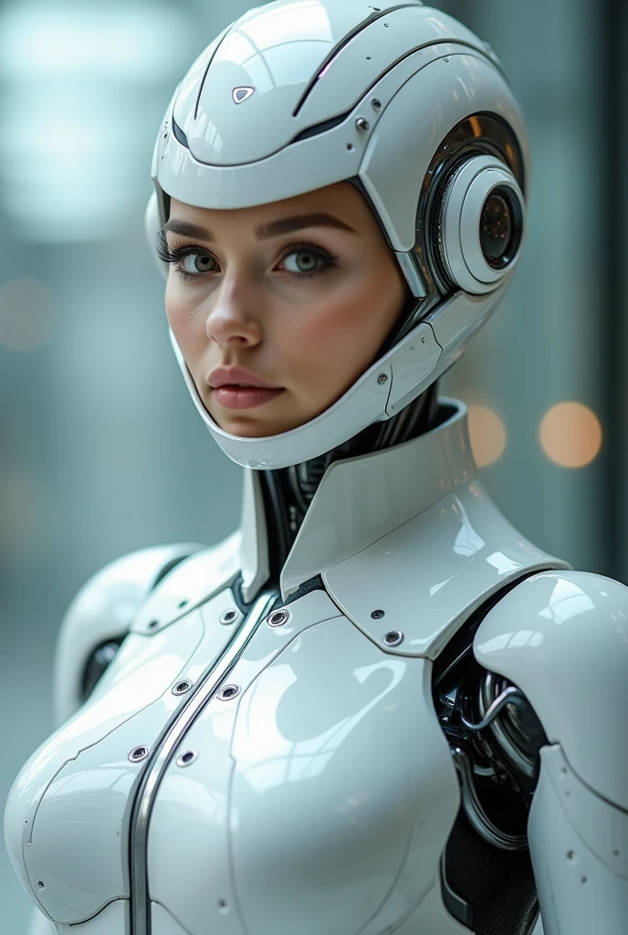 a close up of a woman in a futuristic suit posing for a picture, gynoid cyborg body, cybersuit, cyber suit, gynoid body, girl in mecha cyber armor, perfect cyborg female, sci-fi android female, diverse cybersuits, beutiful white girl cyborg, ultra detailed female android, beautiful alluring female cyborg, female mecha