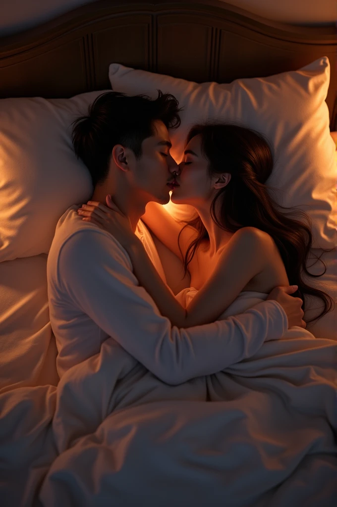 "Create an image of a romantic couple sharing a kiss while lying in bed. The scene should be intimate and cozy, with soft, warm lighting highlighting their affectionate moment. The couple should be close together under a fluffy duvet, with their faces softly illuminated. Include gentle details like a softly crumpled bedspread and perhaps a bedside table with a dimly lit lamp to enhance the romantic and serene atmosphere."