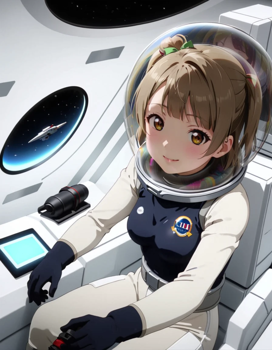 (Spacesuit:1.15), White Cargo Pants, Space Helmet , , Spacewalk, masterpiece, Highest quality, One person, alone, short hair, , , , Bodysuits,Gloss,, short hair, (Futuristic spaceship:1.6), , smile,Covered navel, short hair,Small breasts,From above, space helmet, bubble helmet,Minami Kotori , Love Live! School Idol Project,
