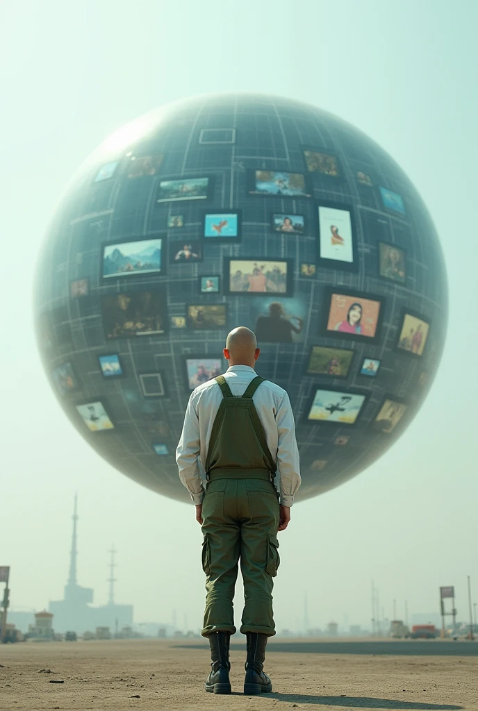 floating transparent sphere full of technological screens each with different images and social networks , and a bald man dressed in modern military green overalls on the side and outside this sphere looking at her in an open scenario