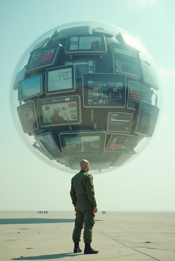 floating transparent sphere full of technological screens each with different images and social networks , and a bald man dressed in modern military green overalls on the side and outside this sphere looking at her in an open scenario