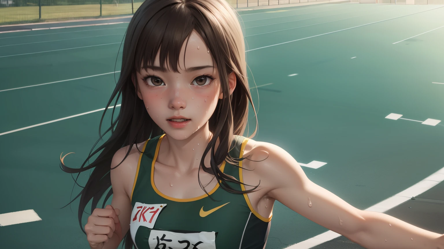 ((masterpiece)), (Highest quality), Highly detailed CG, unity 8k wallpaper, Super detailed, One person, Track and field athlete, School playground, Sweat, running, dash, Long Hair, Happy, Desperate look, Tired look