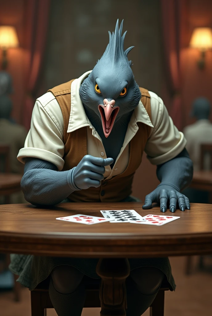((Highest quality)), ((masterpiece)), (detailed), A gray female pigeon with an angry expression and open mouth is wearing an off-white collared short-sleeved shirt, a light brown vest, a knee-length black skirt, dark green socks and black shoes.、He is playing cards at the table and pointing at me、Muscular grey female pigeon、Photorealistic images。