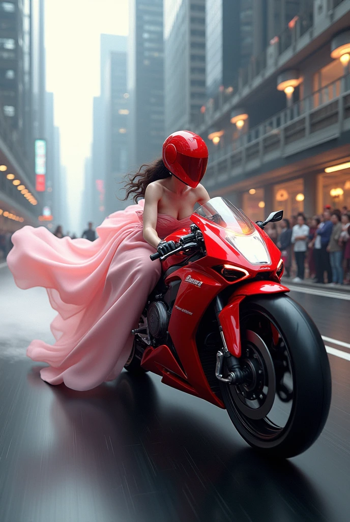 Front Up Wheelee bike exhaust,girl riding with red helmet,red futuristic bike, silky waving light pink bride dress,on black road background with sky sctpping street and crowd.