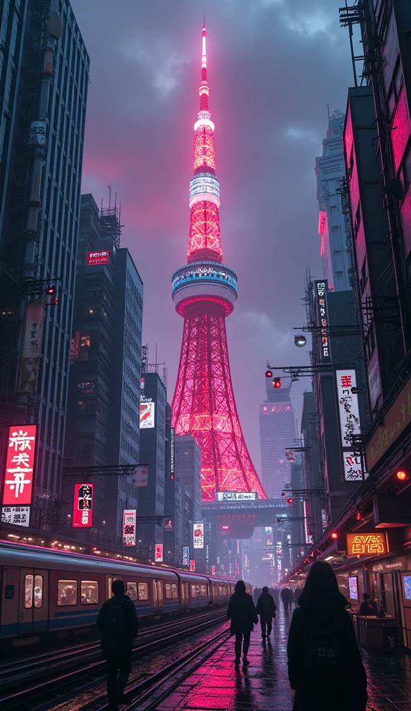 Cyberpunk City,Tokyo Tower,Future City,dark,Pink Neon,train,