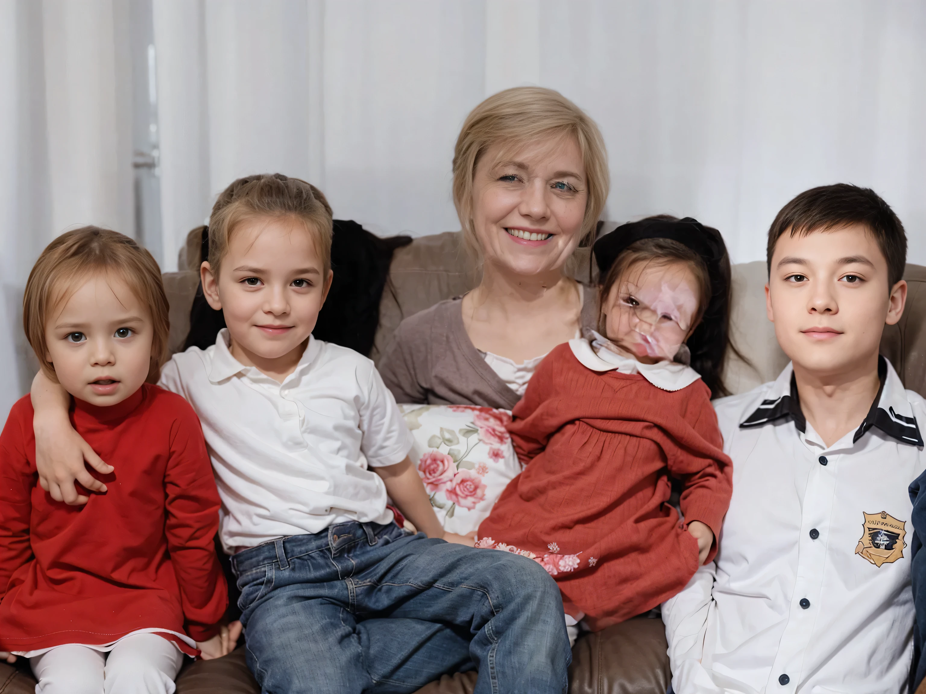 The family is sitting on a soft sofa