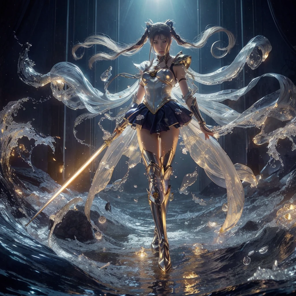 dark fantasy,full body of a women as warrior SailorMoon warrior plum white skin in gloden armor,capturing SailorMoon movement,she stands gracefully on wave water with weapon,many glowing clear water magic time spinning in midair effect,she is a young Japanese female charming eyes in
sleek dark blue SailorMoon outfit,boots,clear water flowing in the wind,in luxury palace,full moon