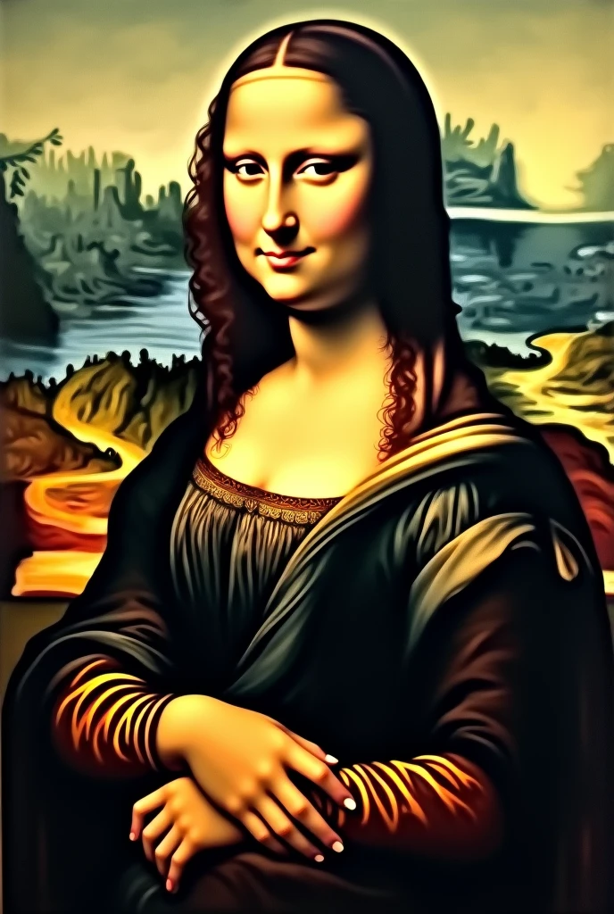 Create a modernized version of Leonardo da Vinci’s "Mona Lisa" portrait. Retain the iconic features, such as her calm expression and mysterious smile, but infuse the piece with contemporary aesthetics. You may include modern elements like updated clothing, stylish outfit or is surrounded by modern urban landscapes. siting in Starbucks coffe shop.  Strive to maintain a balance between the original artwork and innovative interpretations that reflect the spirit of the 21st century.