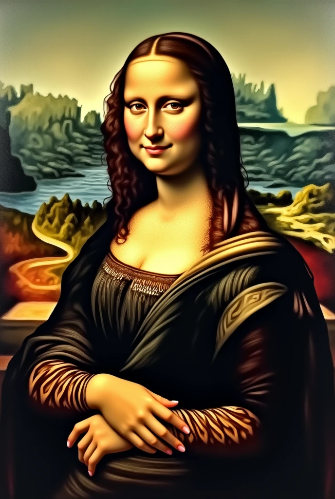 Create a modernized version of Leonardo da Vinci’s "Mona Lisa" portrait. Retain the iconic features, such as her calm expression and mysterious smile, but infuse the piece with contemporary aesthetics. You may include modern elements like updated clothing, stylish outfit or is surrounded by modern urban landscapes. siting in Starbucks coffe shop.  Strive to maintain a balance between the original artwork and innovative interpretations that reflect the spirit of the 21st century.