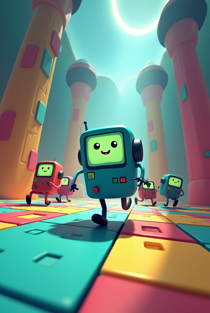 3D game screenshot, third-person camera view, stylized casual game. Main character is BMO robot from Adventure Time cartoon. Multiple similar robots running around the level. Level design resembles a test chamber. Colorful, playful atmosphere. Cartoon-style graphics, simple textures. Isometric view, game UI elements visible. Adventure Time inspired, puzzle-platformer aesthetics. Game development, 3D modeling, character design
