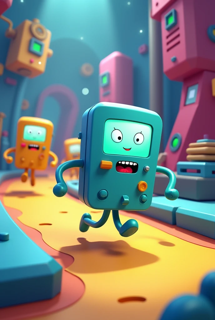 3D game screenshot, third-person camera view, stylized casual game. Main character is BMO robot from Adventure Time cartoon. Multiple similar robots running around the level. Level design resembles a test chamber. Colorful, playful atmosphere. Cartoon-style graphics, simple textures. Isometric view, game UI elements visible. Adventure Time inspired, puzzle-platformer aesthetics. Game development, 3D modeling, character design