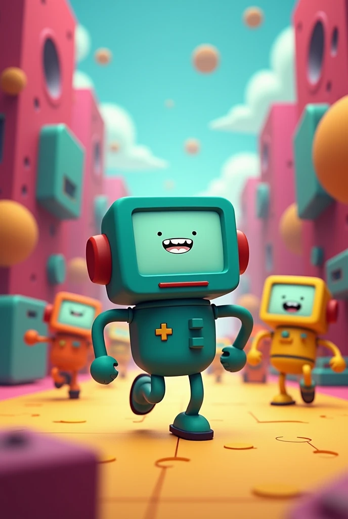 3D game screenshot, third-person camera view, stylized casual game. Main character is BMO robot from Adventure Time cartoon. Multiple similar robots running around the level. Level design resembles a test chamber. Colorful, playful atmosphere. Cartoon-style graphics, simple textures. Isometric view, game UI elements visible. Adventure Time inspired, puzzle-platformer aesthetics. Game development, 3D modeling, character design