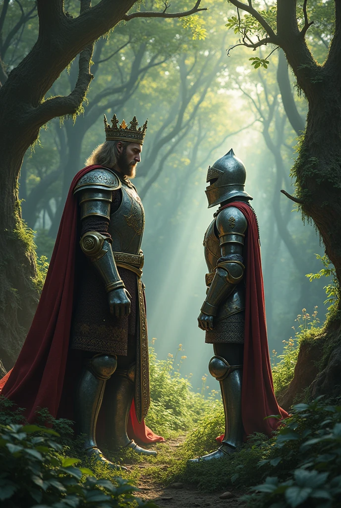 The king finds a knight in the middle of the forest and tells her to take off her helmet
