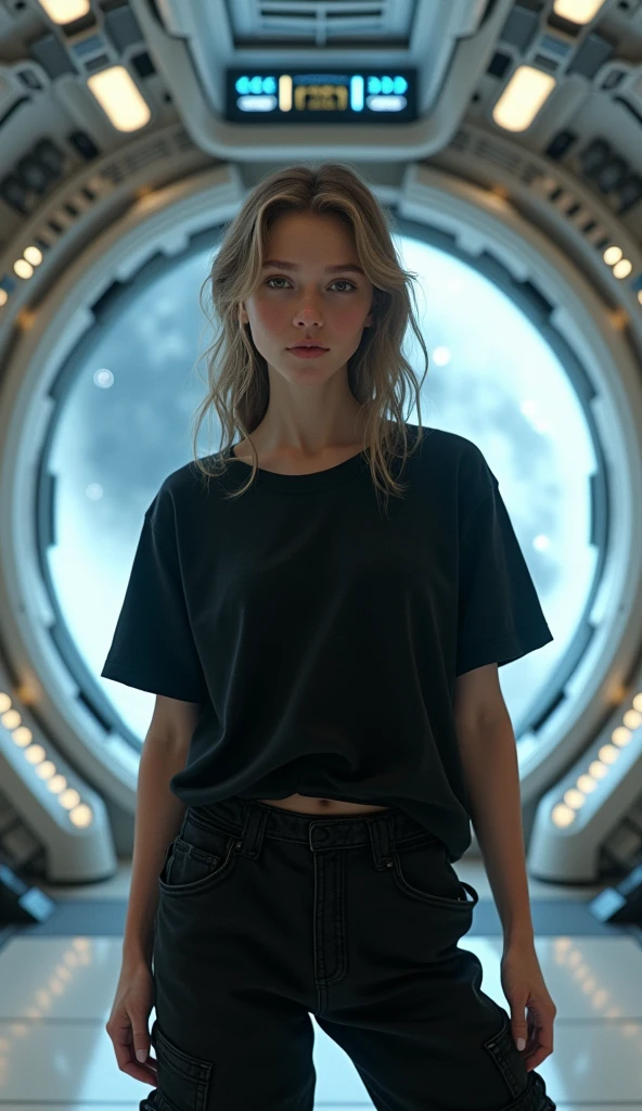 a white teenager girl wearing a baggy black shirt and black cargo pants, space, spaceship, futuristic,