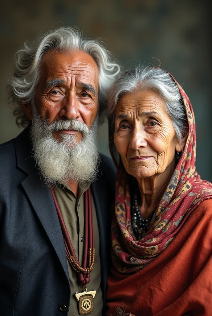 An old Nepali grandfather and grandmother photo in vintage traditional outfit 
