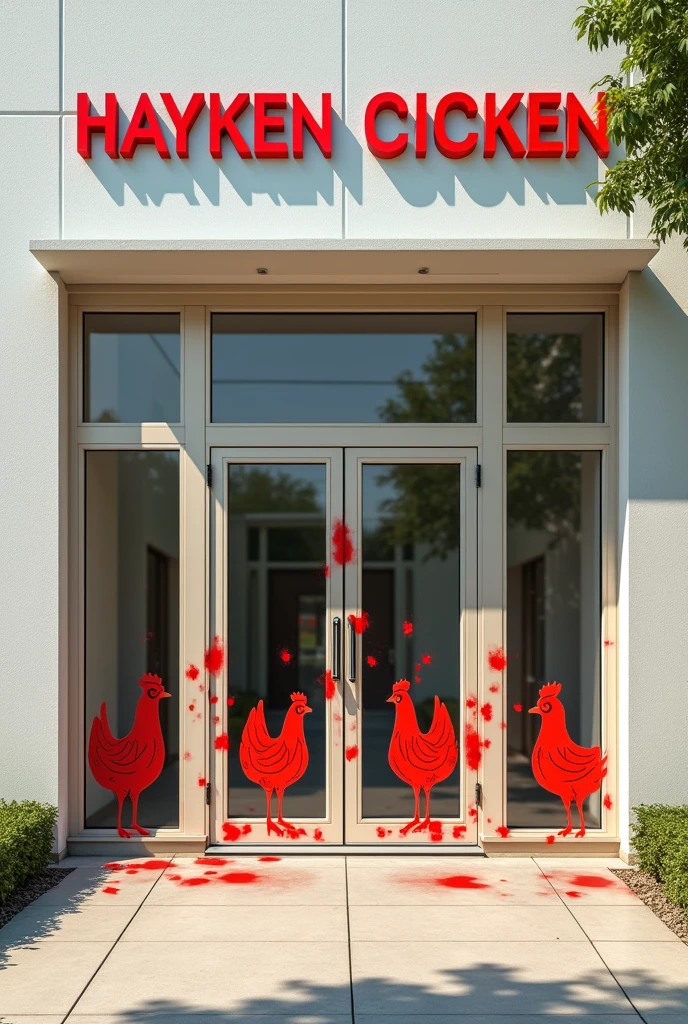 A front View building, Front Door made of glass chicken pictures on the glass whit only red paint,the door is open in two sideds sliding, write "Hayken chicken" On the top of the Door, 4 wide windows