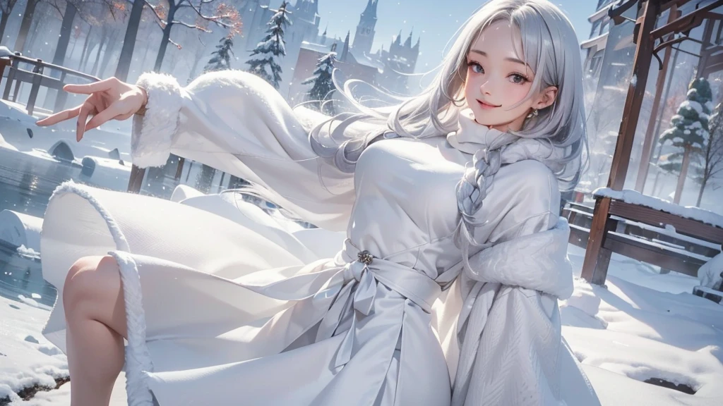 (Close-up image) masterpiece、Highest quality、1 person, winter, Silver Hair, cute, smile, Close the mouse, Large Breasts, Side bust:1.4, White Dress, turtle neck, winter clothes, Long skirt, Fur coat、Narrow waist、Thin legs、Outdoor, Lake front, it&#39;s snowing, Prayer Pose, Holding hands, from the front
