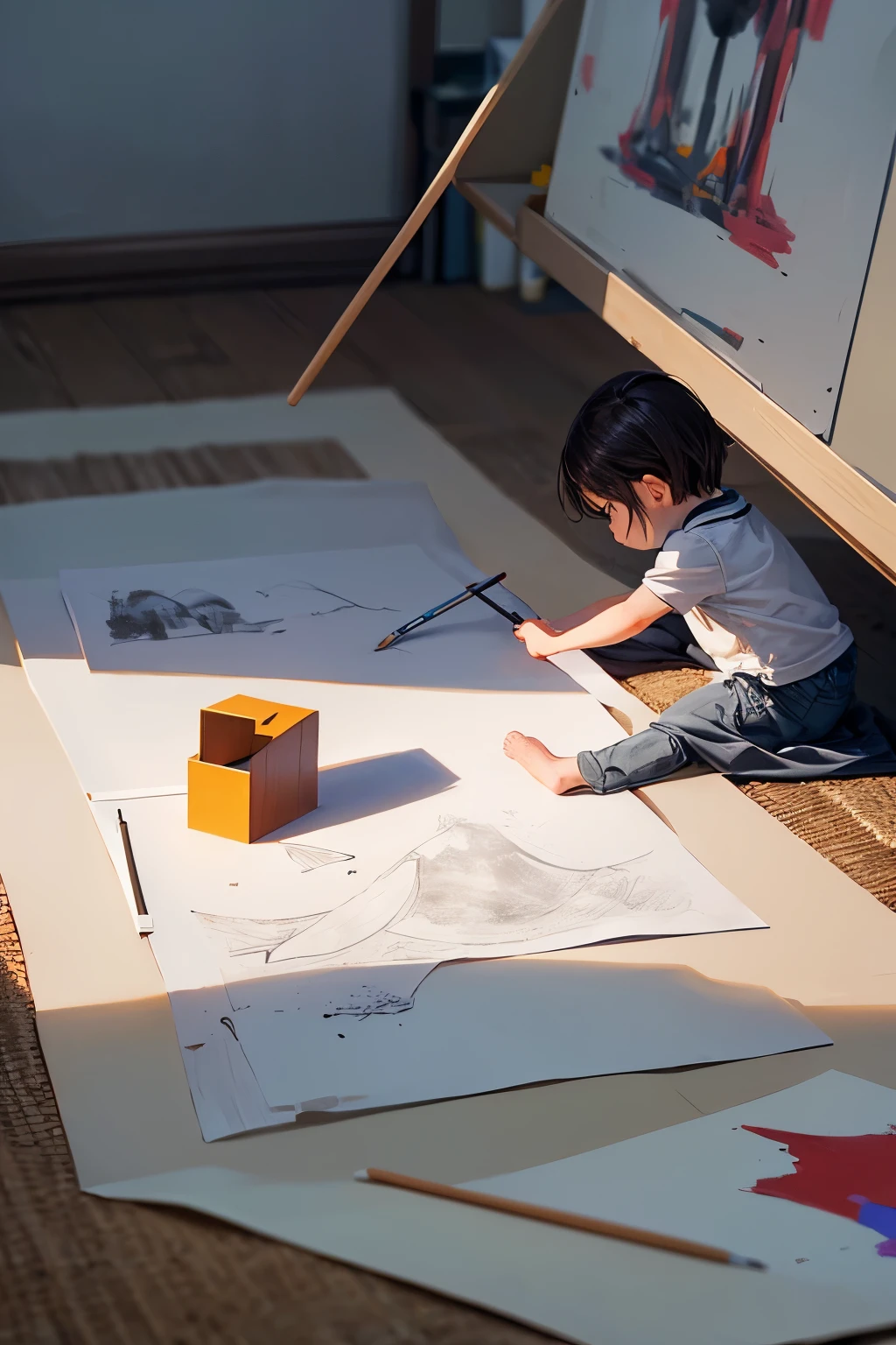 Boy drawing with his professional drawing kit