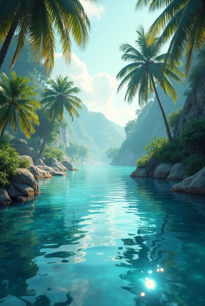Water with wood and coconut tree make it blue with sparkling of water