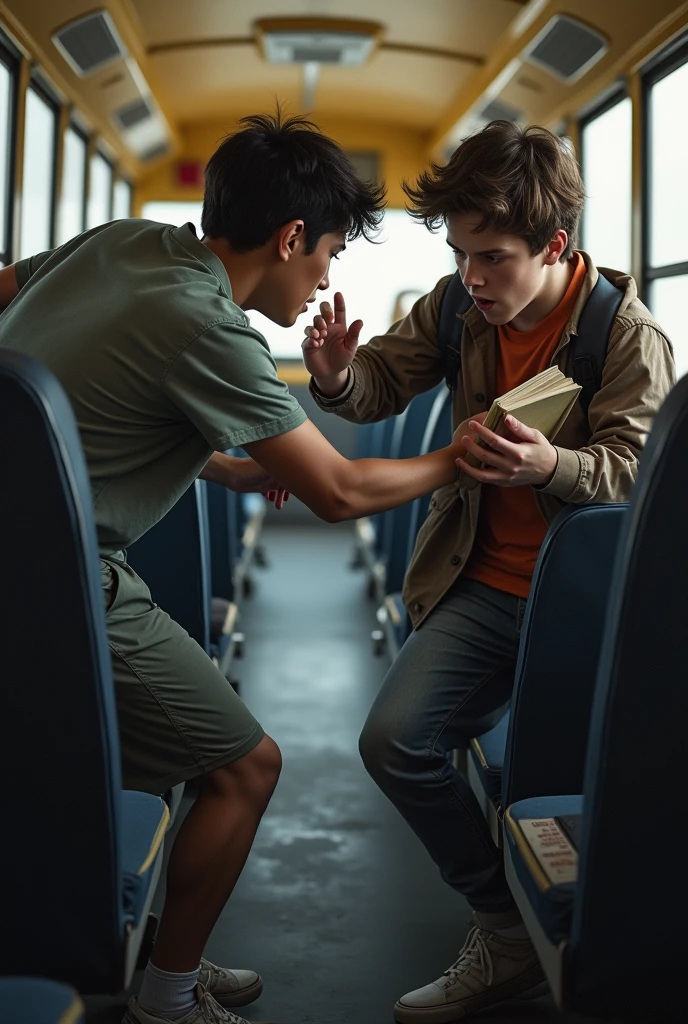 (in a school bus) (front view) (a middle school boy try to  a book) (from the other middle school boy)
