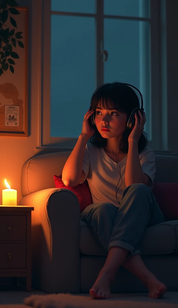 night、Listen to music in a cozy room, Using headphones, 2D-style animation, Lo-Fi, Very detailed, High resolution