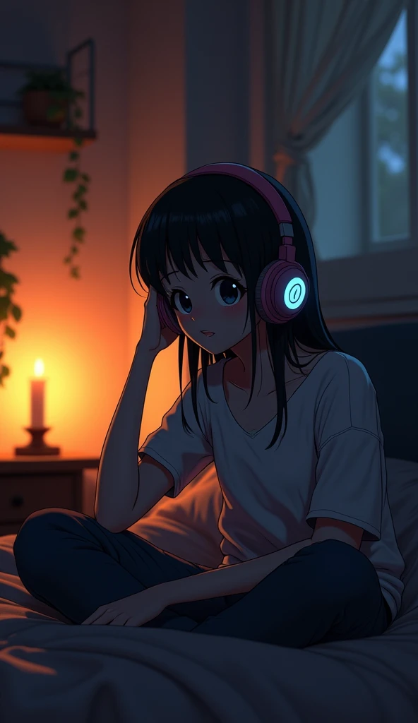 night、Listen to music in a cozy room, Using headphones, 2D-style animation, Lo-Fi, Very detailed, High resolution