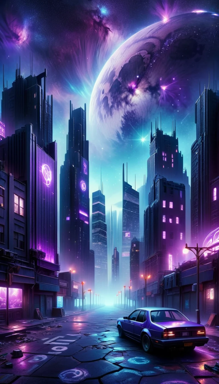 a beautiful detailed starry night sky, the twelve zodiac signs, vibrant purple nebulae, vast cosmic landscape, cyberpunk cityscape in the foreground, volumetric lighting, dramatic chiaroscuro, cinematic composition, highly detailed, hyperrealistic, 8k, photorealistic, professional digital art