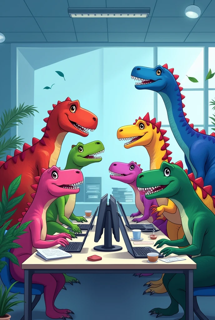 create 7 dinosaurs working in an anime style office, each one in a color, in a blue marketing office