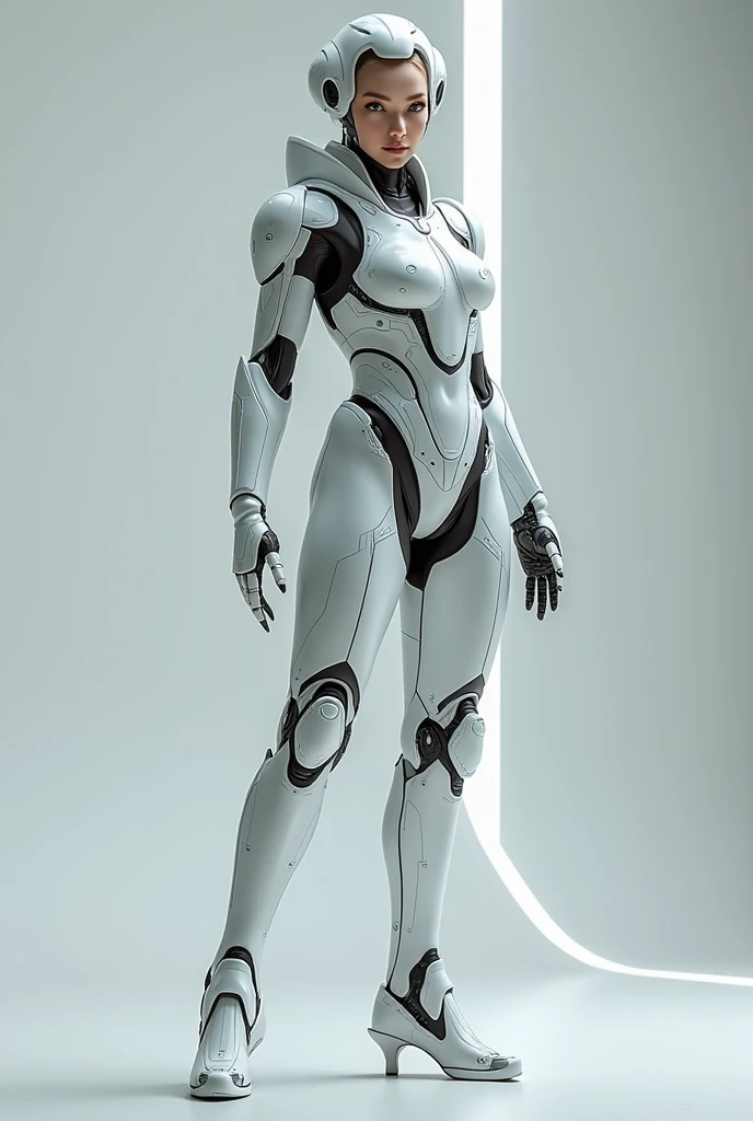 araffed woman in a futuristic suit posing for a picture, in white futuristic armor, biomechanical oppai, gynoid cyborg body, symmetra from overwatch, echo from overwatch, oppai cyberpunk, beutiful white girl cyborg, cybersuits, cybersuit, perfect anime cyborg woman, thick smooth warframe thighs, porcelain cyborg armor