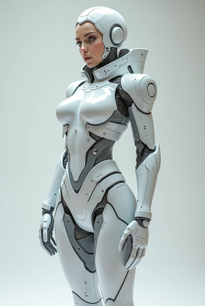 araffed woman in a futuristic suit posing for a picture, in white futuristic armor, biomechanical oppai, gynoid cyborg body, symmetra from overwatch, echo from overwatch, oppai cyberpunk, beutiful white girl cyborg, cybersuits, cybersuit, perfect anime cyborg woman, thick smooth warframe thighs, porcelain cyborg armor