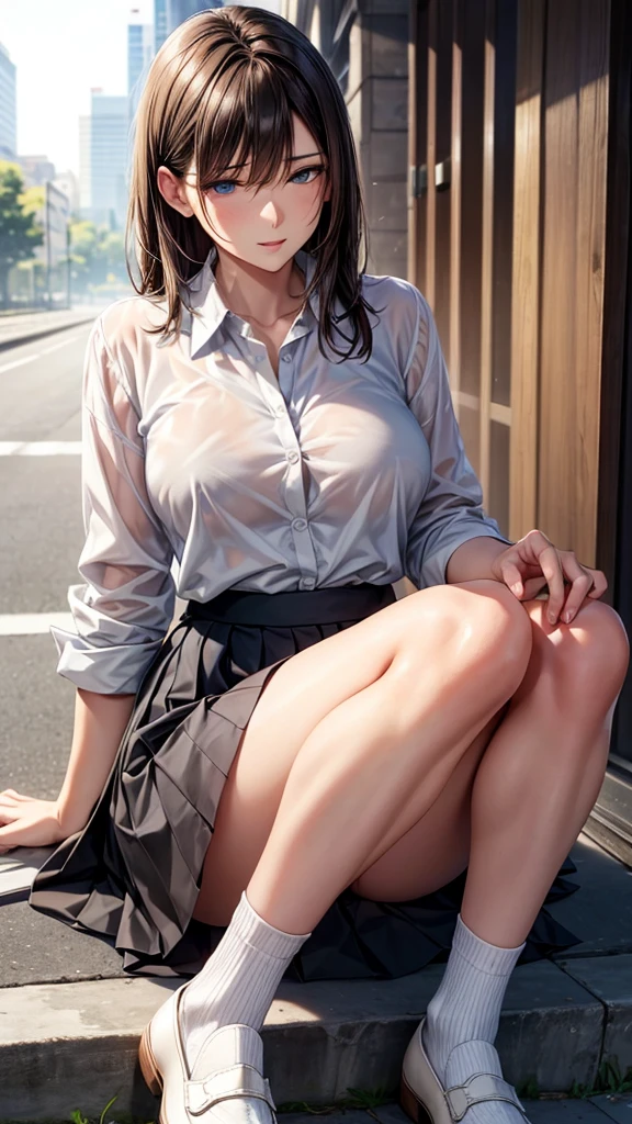 from the front: White shirt, Grey pleated skirt, White socks, Loafer shoes, Medium brown hair, blue eyes, Sit on your knees, River bank,See-through shirt,NSFW panties are visible