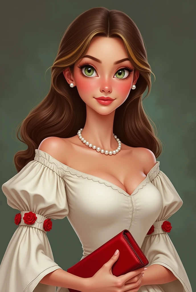A Disney-style version of a woman of medium height from the Evangelical church, wearing a white dress with precise, short puffed sleeves and red floral details at the waist and sleeves. She has long, straight brown hair with blonde highlights at the tips, greenish eyes, and an elegant posture. She is wearing a white pearl necklace, holding a red purse, and carries an air of nobility and elegance. The dress has no neckline and covers the bust well