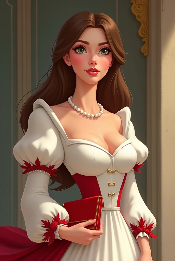 A Disney-style version of a woman of medium height from the Evangelical church, wearing a white dress with precise, short puffed sleeves and red floral details at the waist and sleeves. She has long, straight brown hair with blonde highlights at the tips, greenish eyes, and an elegant posture. She is wearing a white pearl necklace, holding a red purse, and carries an air of nobility and elegance. The dress has no neckline and covers the bust well
