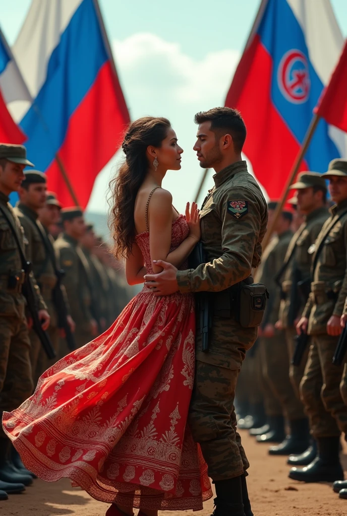 Extremely sexy Russian and Azerbaijani girls are dancing next to the Azerbaijani flag and the Russian flag. Russian soldiers look after Azerbaijani girls. Azerbaijani soldiers are aggressive towards Russian soldiers