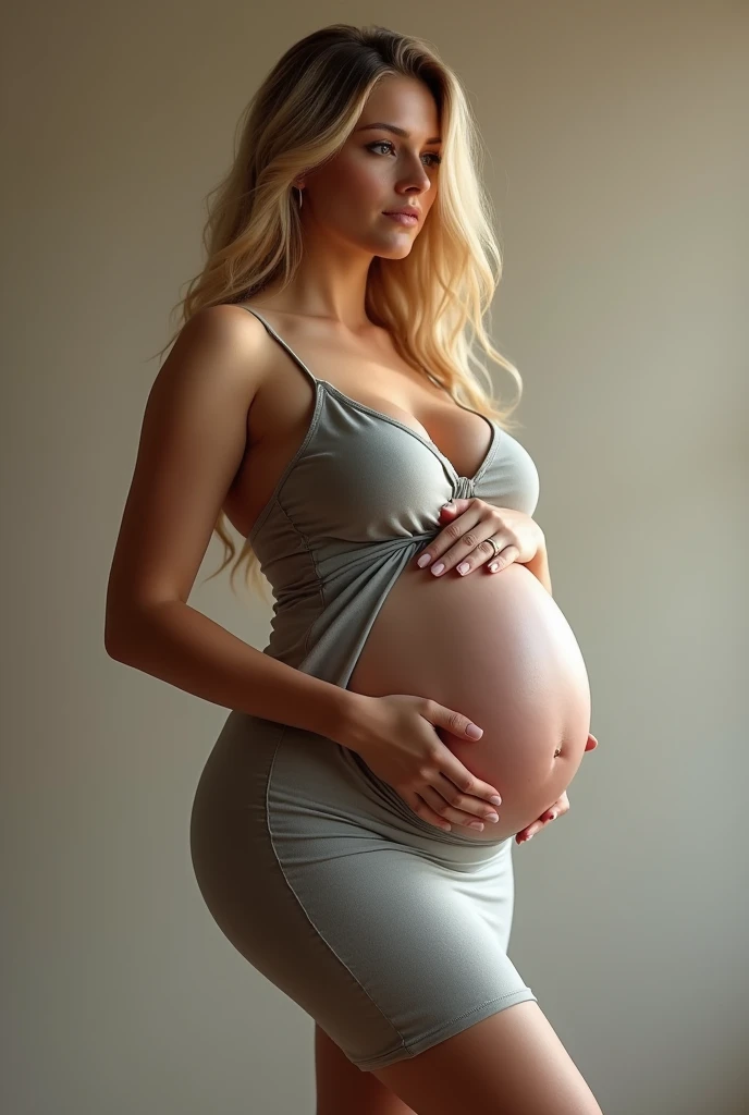 Pregnant blonde with a big pregnant belly in big ass in a tight dress 