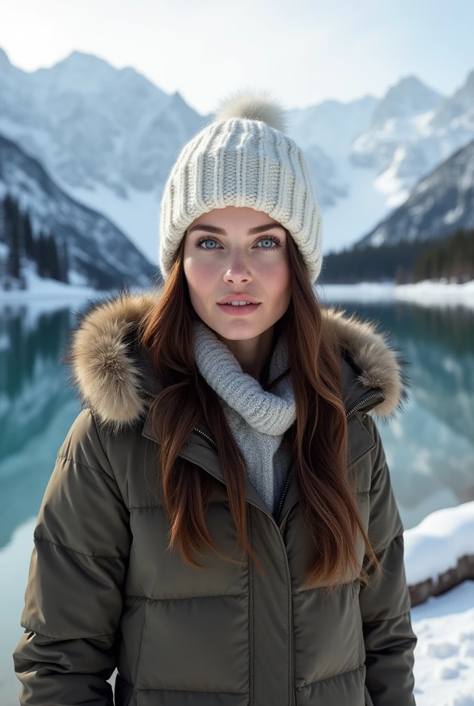 photo en pied ultra réaliste d'une femme brune au bord d'un lac de montagne en hiver, le visage dégagé, européenne, yeux bleus clairs, sans maquillage, minutieux et détaillé, porte un bonnet blanc, très détaillé, 4k, haute résolution, photographie primée