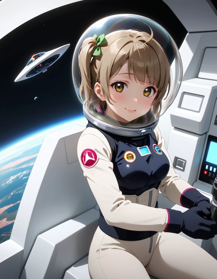 (Spacesuit:1.15), White Cargo Pants, Space Helmet , , Spacewalk, masterpiece, Highest quality, One person, alone, short hair, , , , Bodysuits,Gloss,, short hair, (Futuristic spaceship:1.6), , smile,Covered navel, short hair,Small breasts,From above, space helmet, bubble helmet,Minami Kotori , Love Live! School Idol Project,