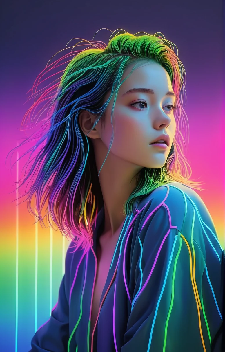 3 colours, Head and Shoulders, Flat Color Break (Vaporwave:1.2) (Rainbow neon lines:2), The Hall with Prismatic Eyes々A sensual picarot woman, Geometric gradient background BREAK colorful, dream-like, figure, A surreal fantasy of gradients, Victor I Makoto Shinkai 