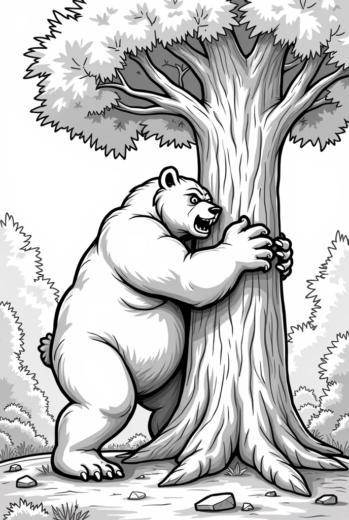A coloring image of a bear gripping a tall, thick tree with its powerful paws, its body tilted to the side as if it's about to fall. The bear's expression shows a mix of determination and surprise, with its claws digging into the rough bark of the massive tree. The tree is towering and sturdy, standing amidst a lush forest with green foliage and sunlight filtering through the dense canopy No color, white background, cartoon style, thick lines, only strokes