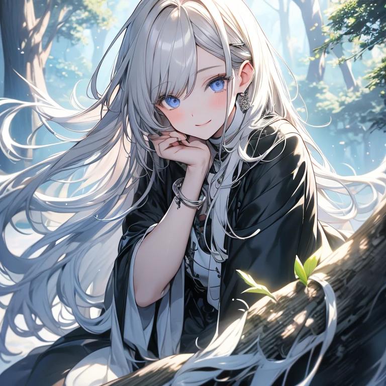 Attention to detail, high quality, high resolution, 4K, 8k, she sit in the middle of the forest, many green trees, many campfire bugs fly around her, wind blow through her hair, she has long silver hair, she is relaxing, she has beautiful eyes, Blue eyes, casual cloths, warm atmosphere, calm atmosphere, relax atmosphere, background dark, night, Grains of light,whole body