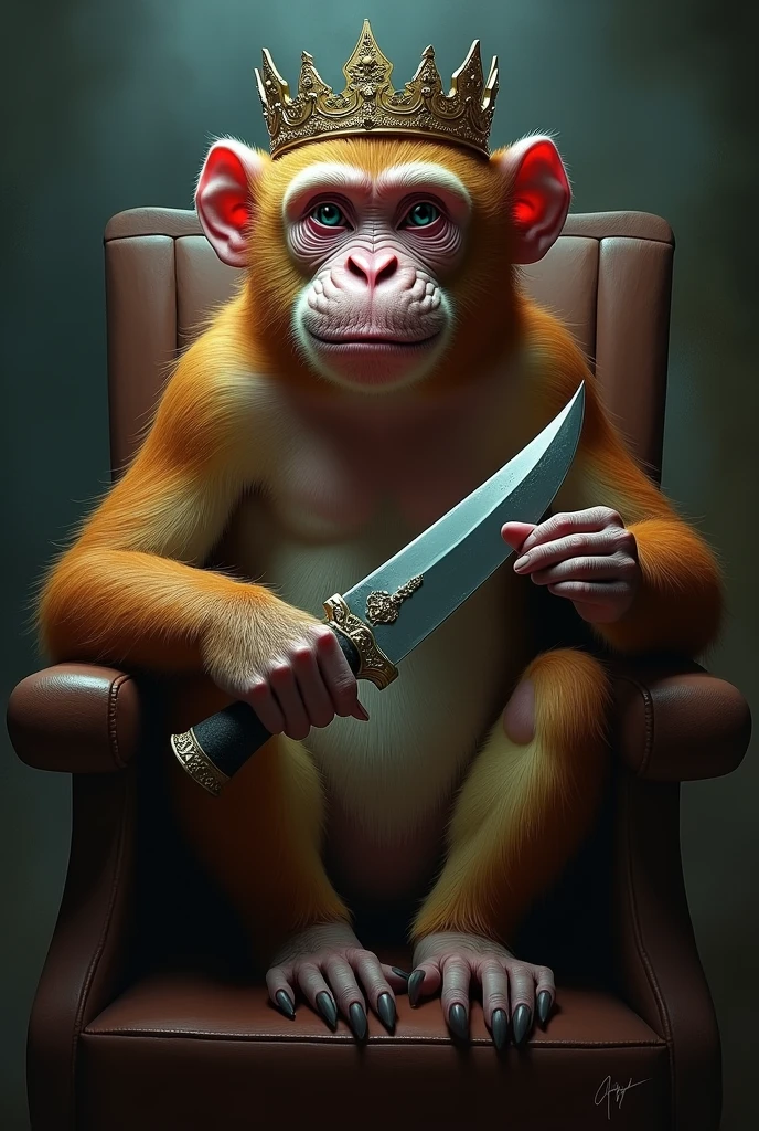 monkey sitting in chair in crown and knife in hand