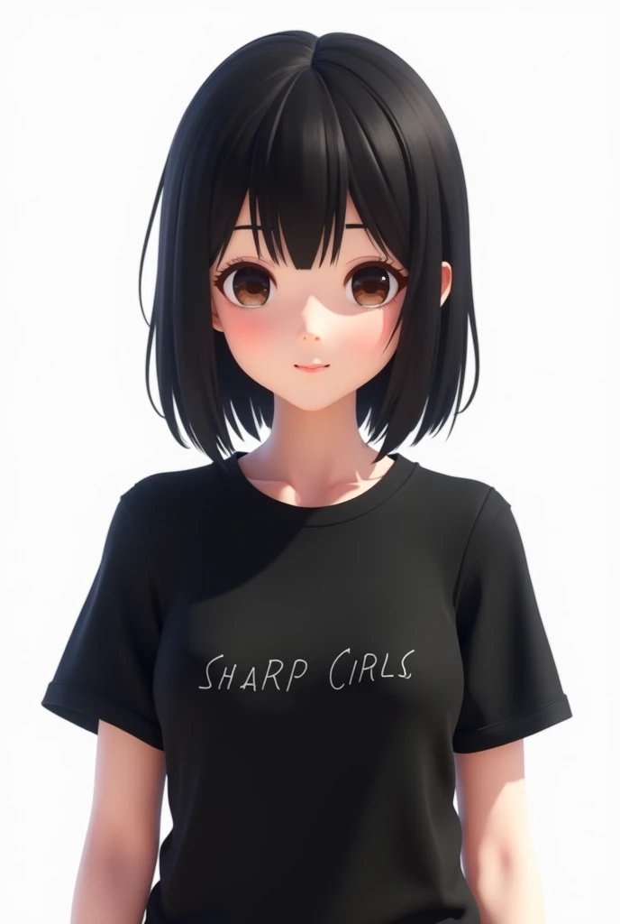 3D anime avatar,  straight hair parted in the middle, Bblack hair, dark brown eyes black sleeve t-shirt, and the name SHARP GIRLS small on the shirt in the front, white background