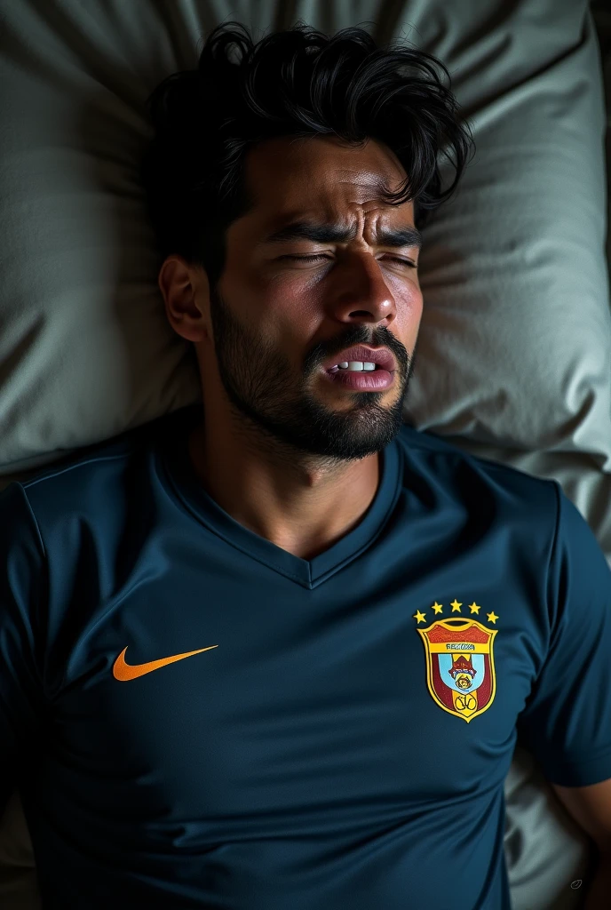 Man with Vitória shirt crying in bed