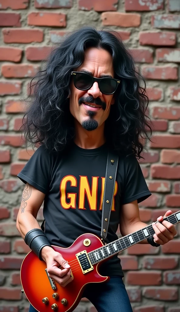 3d kids caricature, a man who looks like slash, wearing a t-shirt that says "gnr", playing the gibson guitar, brick wall background
