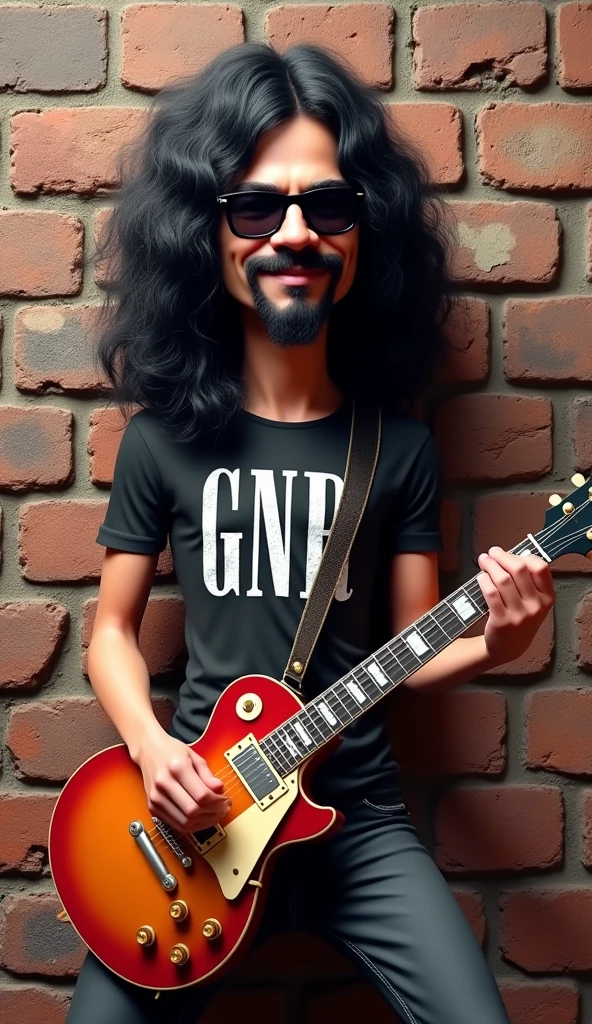 3d kids caricature, a man who looks like slash, wearing a t-shirt that says "gnr", playing the gibson guitar, brick wall background