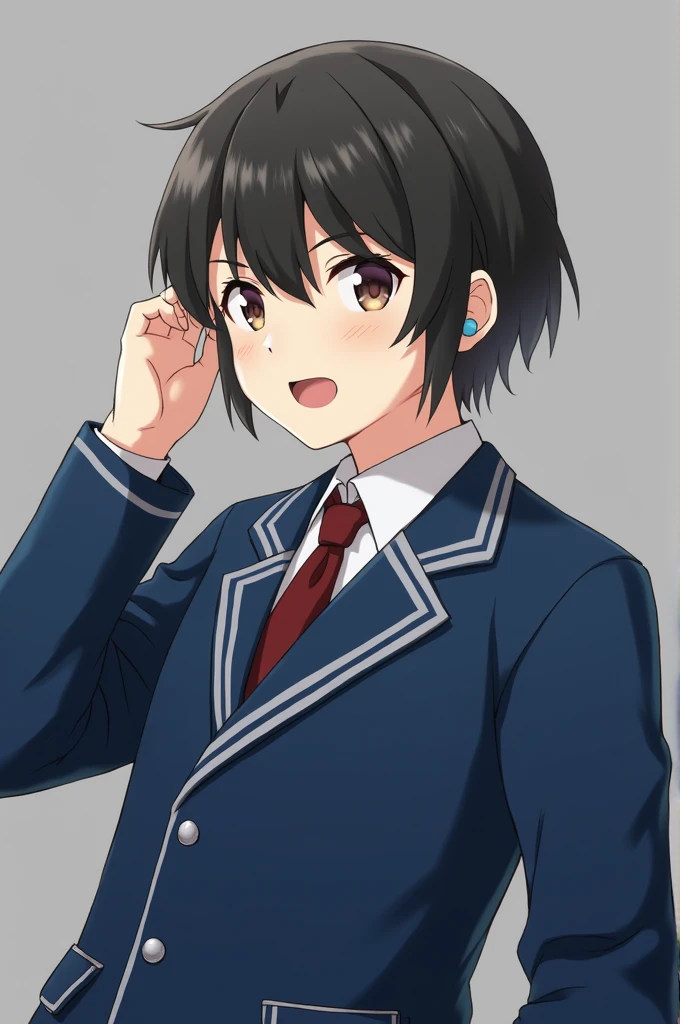 A school student in a blue uniform with grey stripes and ear plugs